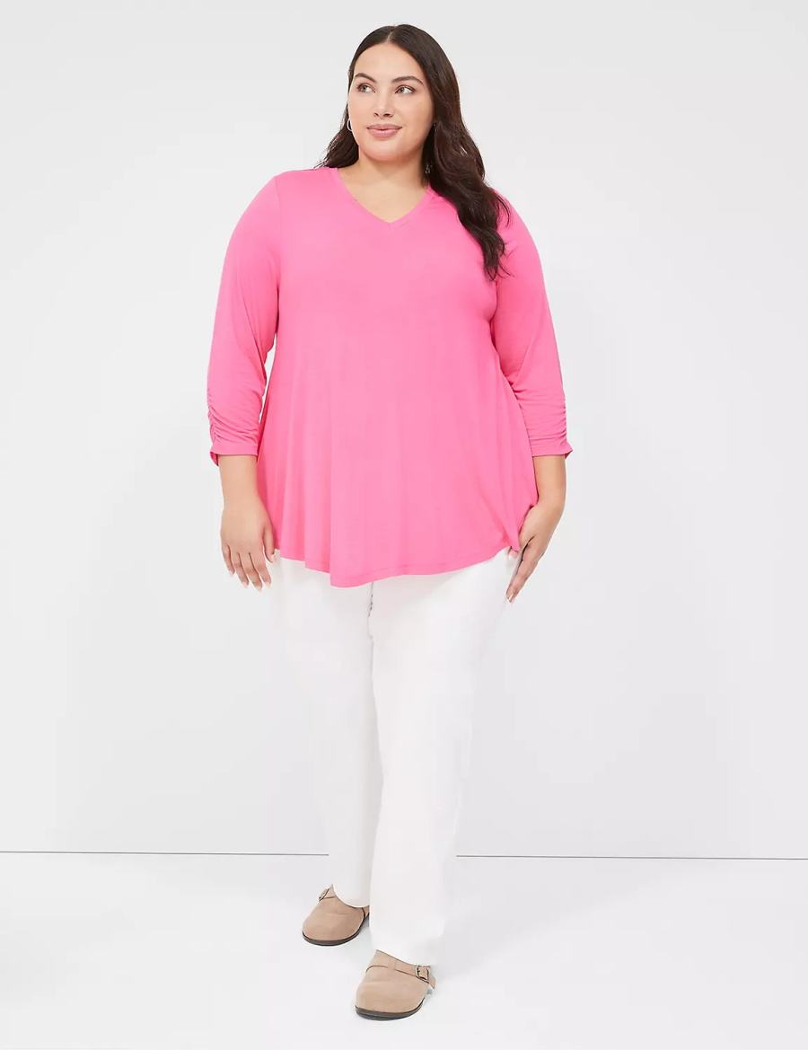 Dámské Tričko Lane Bryant Swing 3/4 Ruched-Sleeve Top Fuchsie | CYF8655DM