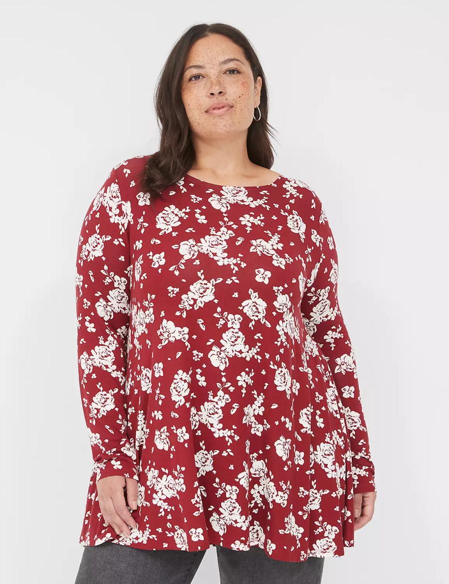 Dámské Tričko Lane Bryant Swing Long-Sleeve Crew-Neck Tee Červené Bílé | CDZ2613FH