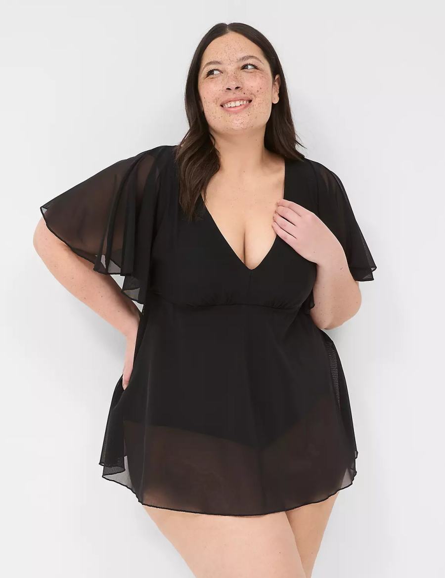 Dámské Šaty Lane Bryant No-Wire Flutter-Sleeve Swim Černé | CVG4994SS